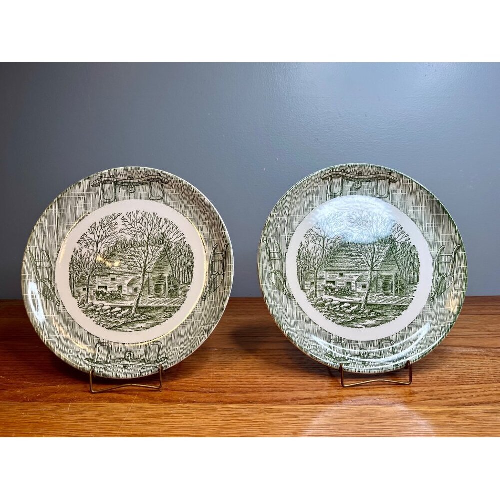 Vintage Currier & Ives Dinner Plates: Royal China Old Grist Mill, Green Set of 2